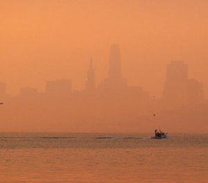 The San Francisco skyline is obscured by smoke and haze from wildfires Thursday, Oct. 12, 2017, in this view from Sausalito, Calif.