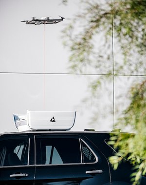 A Fotokite drone is tethered to a public safety vehicle.