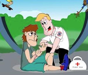 An illustration of Frederick treating Tommie at the skatepark.