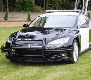 This photo shows the Fremont Police Department's first Tesla before it was finished with the agency's logos.
