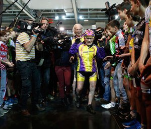 French cyclist Robert Marchand, aged 105, arrives prior to cycle in a bid to beat his record for distance cycled in one hour, at the velodrome of Saint-Quentin en Yvelines, outside Paris, Wednesday, Jan. 4, 2017. (AP Photo/Thibault Camus)