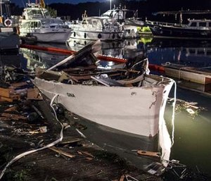 The destroyed motor yacht 'Gina' lies in the harbor. (Federico Gambarini/dpa via AP)