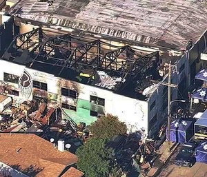This Dec. 3, 2016 file image from video provided by KGO-TV shows the Ghost Ship Warehouse after a fire swept through the Oakland, Calif., building.