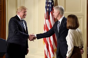 President Donald Trump announces 10th U.S. Circuit Court of Appeals Judge Neil Gorsuch as his choice for Supreme Court Justice during a televised address from the East Room of the White House in Washington, Tuesday, Jan. 31, 2017. (AP Photo/Susan Walsh)
