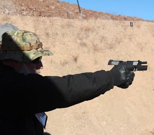 PoliceOne Editor at Large Doug Wyllie gets to slide lock after he finishes off a magazine with the brand new Hudson H9. The brass can be seen floating in the air above the ejection port, yet the barrel of the gun is dead-horizontal. The H9 is a very fun gun to shoot indeed.