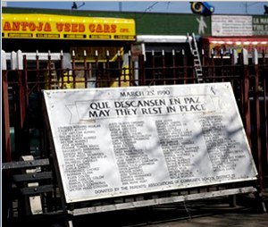 The names of those who were killed in the Happy Land social club fire are displayed in a small park across the street from the former club's location.