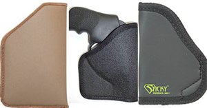Pictured, from left to right, the TecGrip Pocket Holster, the 701 Pocket Holster, and Sticky Holster.