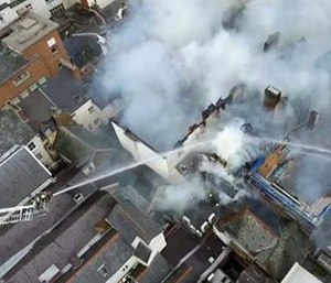 An aerial view of action as Devon & Somerset Fire & Rescue Service tackle a major fire at The Royal Clarence Hotel.