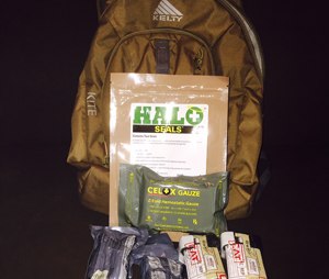 A personal bailout bag with first-aid items for an active shooter incident