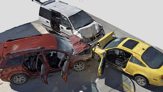 An example 3D model of a mock car crash, generated with a Skydio 2 and Skydio 3D Scan.