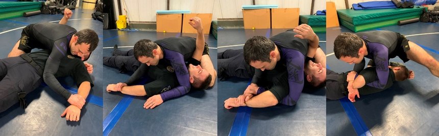 A sequence of securing a figure four hold in side mount as part of a random practice session.