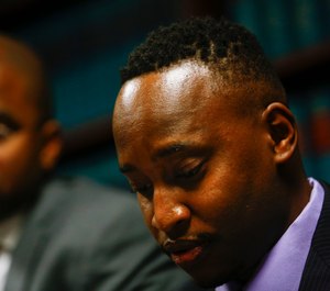 Leon Nyarecha speaks at a press conference at the law office of Jovan Blacknell on Thursday, Feb. 28, 2019 in Culver City, Calif. (Kent Nishimura / Los Angeles Times/TNS)