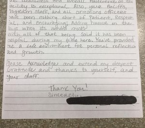 An inmate at the Carver County Jail sent a note of thanks to Sheriff Jason Kamerud and his staff. (Photo/Carver County Sheriff's Office)