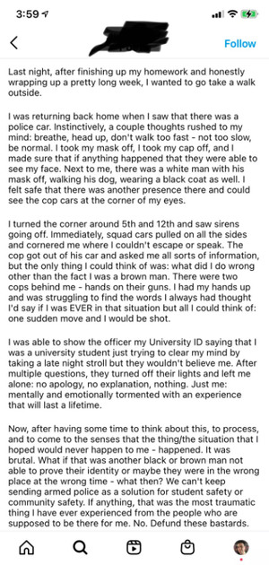 The image shows a screenshot of an Instagram post obtained by Minneapolis radio station Twin Cities News. The post is written by an unnamed University of Minnesota student and describes an interaction that student had with police.