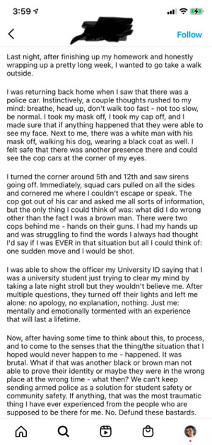 The image shows a screenshot of an Instagram post obtained by Minneapolis radio station Twin Cities News. The post is written by an unnamed University of Minnesota student and describes an interaction that student had with police.