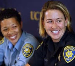 Lisa Campbell, manager of the University of California Police Department Special Events, left, and UC Berkeley police officer Ally Jacobs recall their interaction with kidnapping suspect Phillip Craig Garrido at a news conference in Berkeley, Calif., on Friday, Aug. 28, 2009.