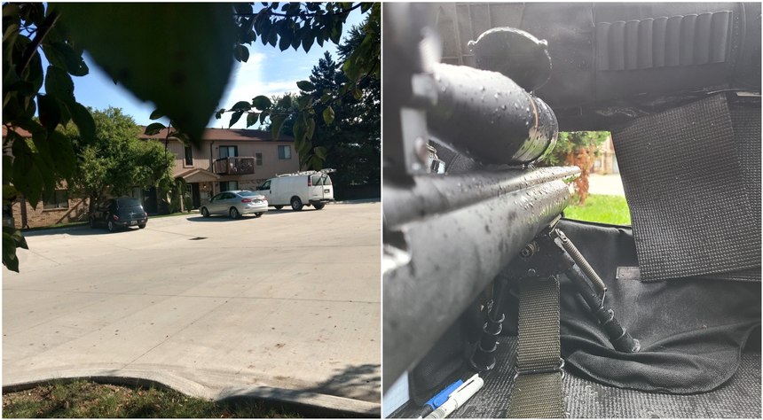 These two photos show Sergeant Fix's location outside the apartment building and his view from inside his portable sniper hide.