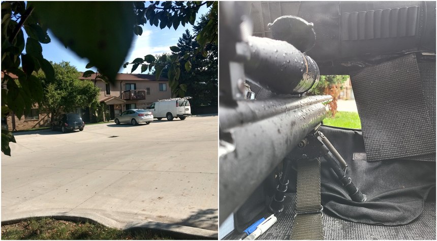 These two photos show Sergeant Fix's location outside the apartment building and his view from inside his portable sniper hide.