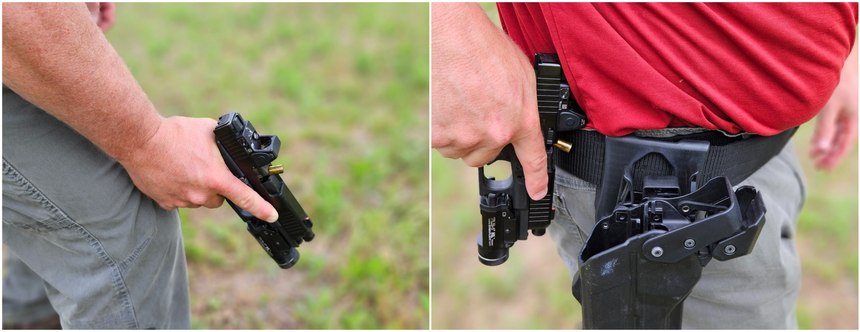 Shooting with one hand covered in blood could result in a less-than-perfect grip increasing the chance of a malfunction. Practicing “tap-rack-ready” with one hand is essential.