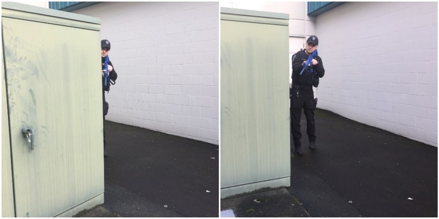 Left: the officer appears fairly well covered; however, shoot-throughs, bypasses, and ricochet hits are possible. Right: at this distance, when the assailant maneuvers one step to the right (as demonstrated by this camera angle) the officer’s vitals are completely exposed to direct fire.