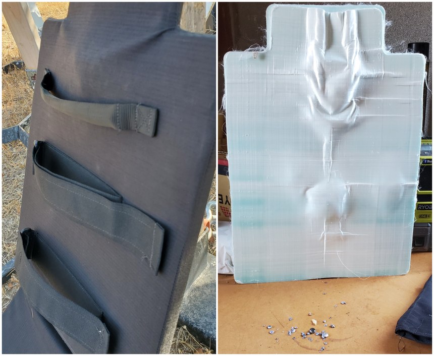 The back of the shield experienced minimal deformation even after being shot with two rifle rounds and two handgun rounds.