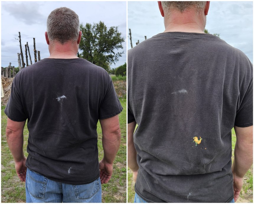 Whether you use the powder balls (left) or the paintballs (right), the impacts leave an obvious mark, cleanup is quick and easy, and they are fully biodegradable and non-toxic.