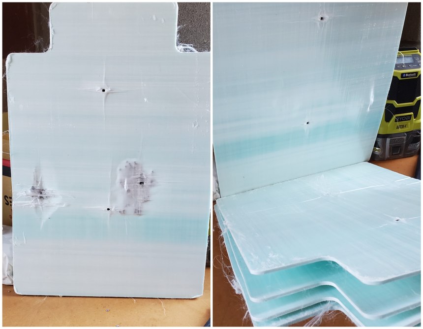 The panels were removed and examined during testing. The handgun rounds were defeated in the first layer of material while the rifle rounds were stopped in the fourth layer leaving the fifth layer as a safety barrier.