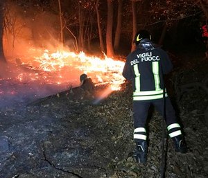 A firefighter hoses down a fire near Varese, northern Italy. (Vigili del Fuoco/Italian Firefighters via AP)