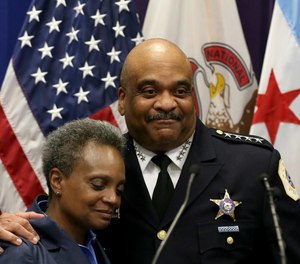 Chicago police Superintendent Eddie Johnson stands with Mayor Lori Lightfoot at the announcement of his retirement during a press conference at police headquarters, Thursday, Nov, 7, 2019. (Photo/Antonio Perez/Chicago Tribune/TNS)