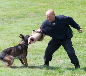 Worcester police Officer Mark Jolin, playing the part of a suspect, tries to fend off
