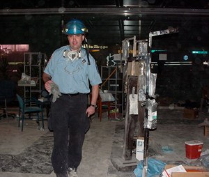 AEMT Kevin Kelly during one of his tours at ground zero in 2001. (Photo courtesy of Bellmore Merrick EMS)