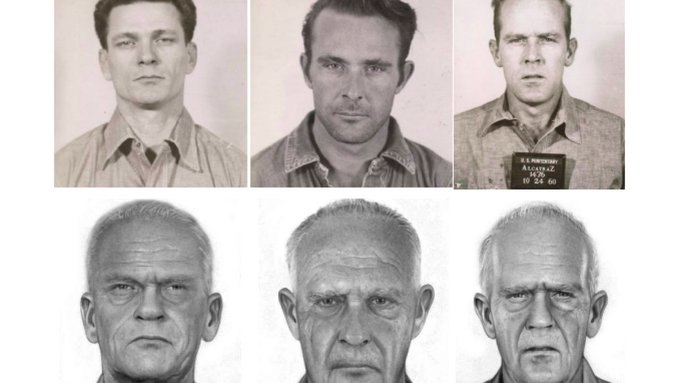 From left to right, mug shots and digitally aged photos of escaped Alcatraz inmates Frank Morris, Clarence Anglin and John Anglin.