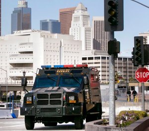 In this April 16, 2013 file photo, a Los Angeles County Sheriffs Counter Terrorism Unit armored truck is seen outside Union Station in Los Angeles, after the city increased security following deadly bombings at the Boston Marathon.