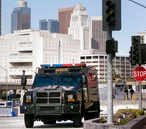 In this April 16, 2013 file photo, a Los Angeles County Sheriffs Counter Terrorism Unit armored truck is seen outside Union Station in Los Angeles, after the city increased security following deadly bombings at the Boston Marathon.