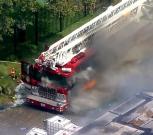 Ladder 28 ignited at the scene of a massive warehouse fire.