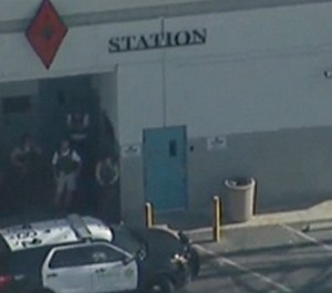This photo taken from video provided by KABC-TV shows the outside of a Los Angeles County sheriff's station in Lancaster, Calif., on Wednesday, Aug. 21, 2019. (KABC-TV via AP)