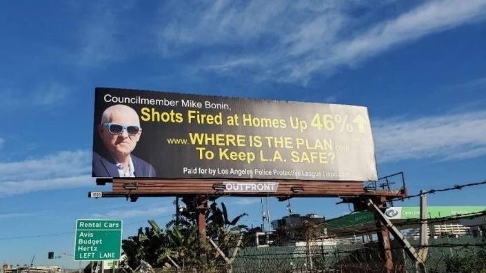 A billboard placed in Los Angeles by the Los Angeles Police Protective League.