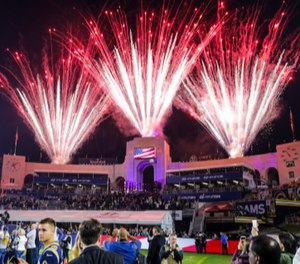 The Rams presented a tribute to shooting and wildfire first responders.