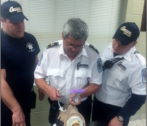 Central EMS employees Charlie Corbett, Geert VanLinden and Randy Wright complete training with the new video laryngoscopes at the Forsyth County Fire Station 1.