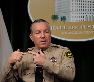 In this Sept. 17, 2020, file photo, Los Angeles County Sheriff Alex Villanueva comments on the shooting of 29-year-old Dijon Kizzee, who was killed by deputies following a scuffle, during a news conference at the Hall of Justice in downtown Los Angeles. (AP Photo/Damian Dovarganes, File)