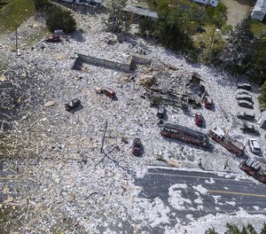 An aerial view of the devastation after an explosion at the Life Enrichment Advancing People (LEAP) building in Farmington, Maine killed one firefighter and injured multiple other people, including six firefighters, on September 16, 2019. (Photo/Russ Dillingham, Sun Journal via AP)