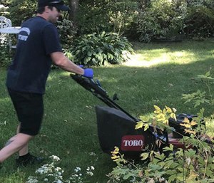 A group of responders finished an elderly man’s yardwork after he fell while mowing the lawn.
