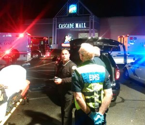 Authorities tweeted a photo from Cascade Mall where EMS were waiting to enter the scene of a shooting where three people were killed. (Photo/Washington State Patrol)