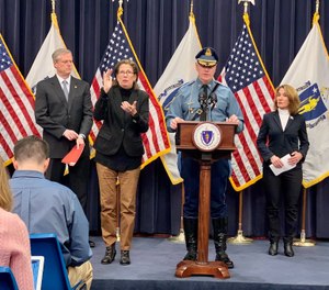 Lt. Col. Christopher Mason (center, right) was announced as the new superintendent of the Massachusetts State Police, taking over for Col. Kerry Gilpin. (Photo/MSP)