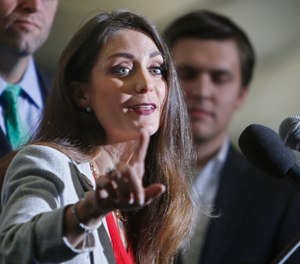 Oklahoma first lady Sarah Stitt speaks following the release of female inmates from Eddie Warrior Correctional Center during what state officials say is the largest single-day mass commutation in U.S. history. (Photo/Sue Ogrocki/AP)