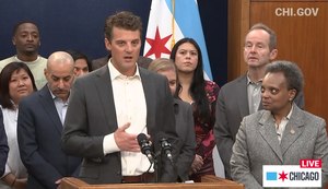 Grubhub CEO Matt Maloney joined Chicago Mayor Lori Lightfoot (right) to announce the initiative on Friday, March 13. Image: Facebook screengrab