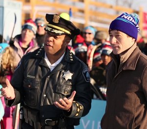 In this screenshot of a video, Minneapolis Mayor Jacob Frey and Minneapolis Police Chief Medaria Arradondo welcome visitors and fans to Minneapolis for the Super Bowl.