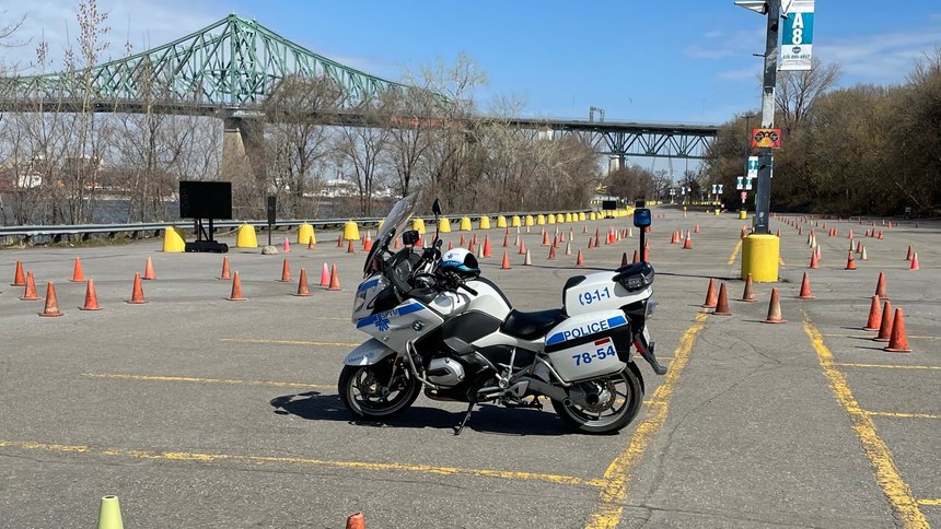 Gagnon participates in motorcycle training near the Jacques Cartier bridge in Montreal.