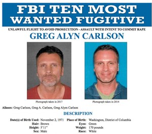 This undated file photos released on Thursday, Sept. 27, 2018 by the FBI shows an FBI wanted poster of Greg Alyn Carlson. The FBI tracked Carlson, a man they think was one of the country's 10 most-wanted fugitives, to a North Carolina motel, where agents shot and killed him on Wednesday, Feb. 13, 2019. (FBI via AP, File)
