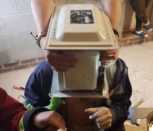Firefighters managed to free Jay Swingler’s head from the microwave after an hour.